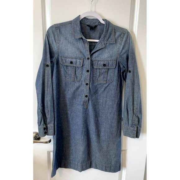 JCrew Shirt Dress Womens XS Chambray Denim Roll Tab Sleeve Button Casual pockets - Picture 1 of 7